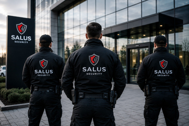 Symbolbild eines Sicherheitsteams von Salus Security vor einem modernen Firmengebäude. Die Mitarbeiter sind von hinten zu sehen und nicht identifizierbar.